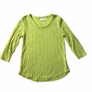 Chicos Crinkle Round Neck 3/4 Sleeve Top SZ 0 S Yellow Lime Statement Dopamine